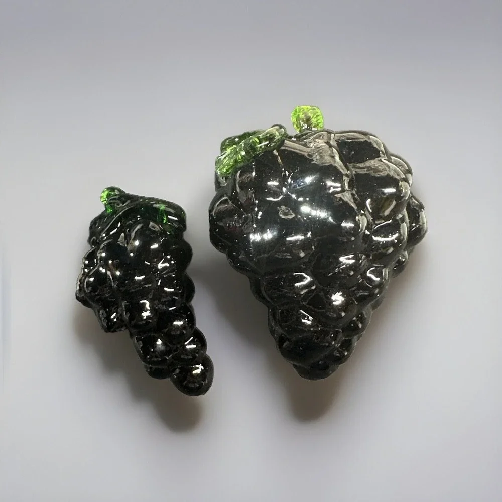 Vintage Dark Purple Glass Grape Clusters Set of 2 Red Glow Green Leaves Decor